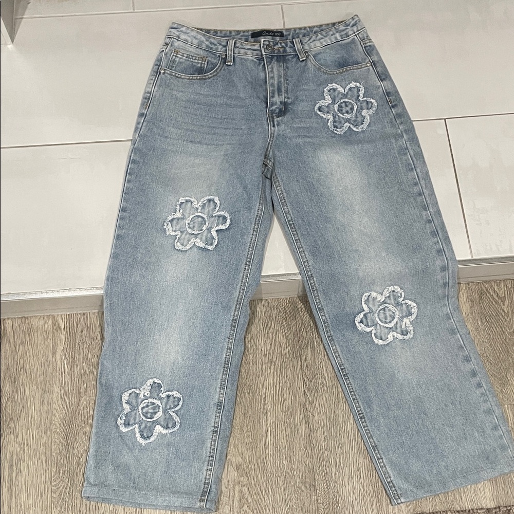 Embroidered Light Blue Straight Leg Jeans